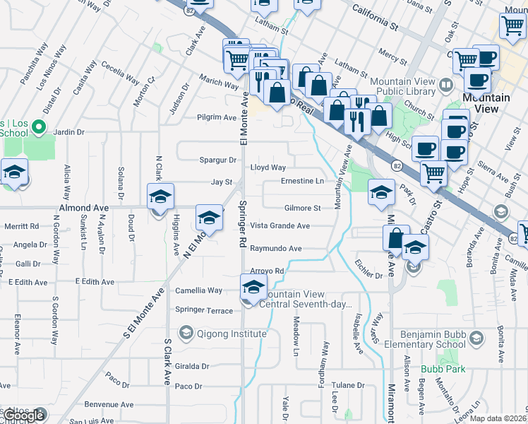 map of restaurants, bars, coffee shops, grocery stores, and more near 705 Vista Grande Avenue in Los Altos