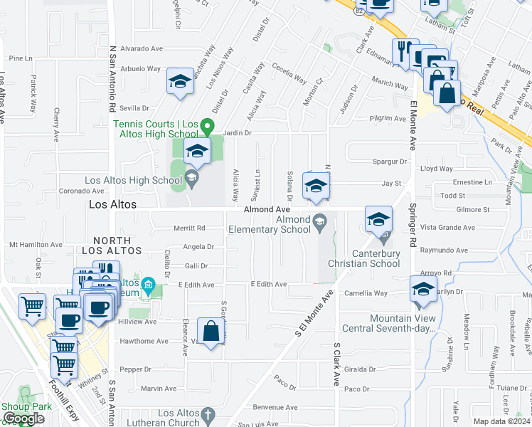 map of restaurants, bars, coffee shops, grocery stores, and more near 186 North Avalon Drive in Los Altos