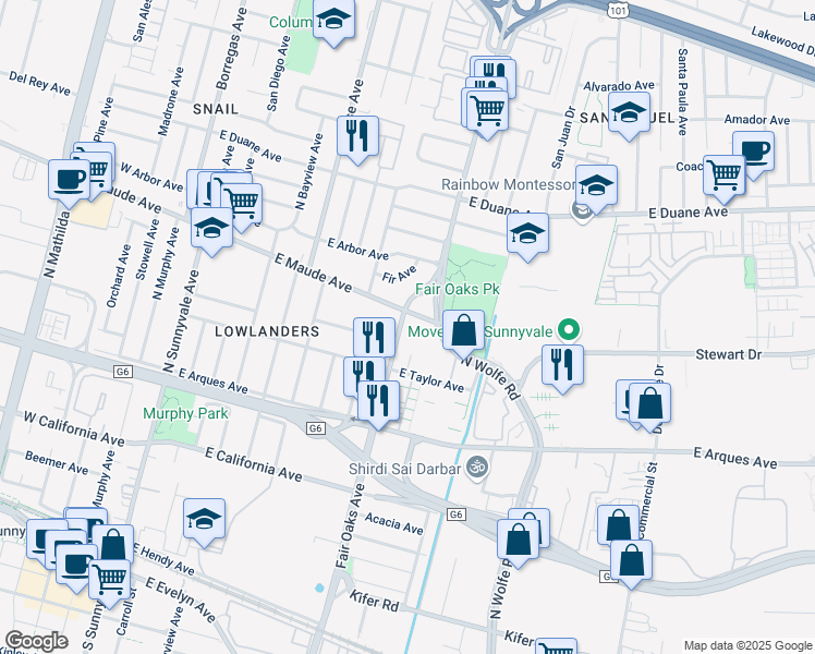 map of restaurants, bars, coffee shops, grocery stores, and more near 460 North Fair Oaks Avenue in Sunnyvale