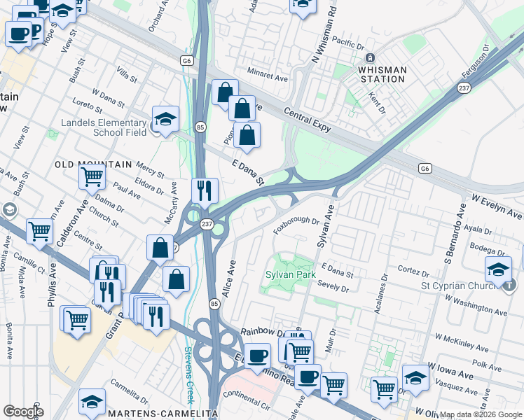 map of restaurants, bars, coffee shops, grocery stores, and more near 200 East Dana Street in Mountain View