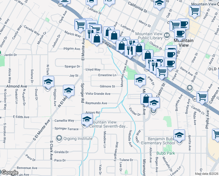 map of restaurants, bars, coffee shops, grocery stores, and more near 789 Vista Grande Avenue in Los Altos