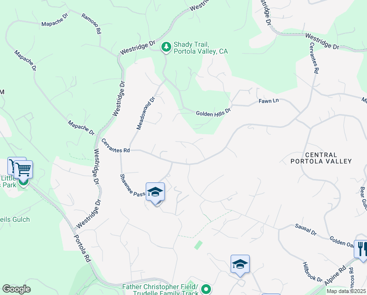 map of restaurants, bars, coffee shops, grocery stores, and more near 55 Sioux Way in Portola Valley