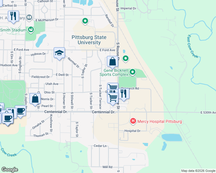 map of restaurants, bars, coffee shops, grocery stores, and more near 2211 South Tucker Terrace in Pittsburg