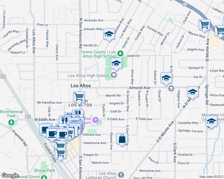 map of restaurants, bars, coffee shops, grocery stores, and more near 200 Almond Avenue in Los Altos