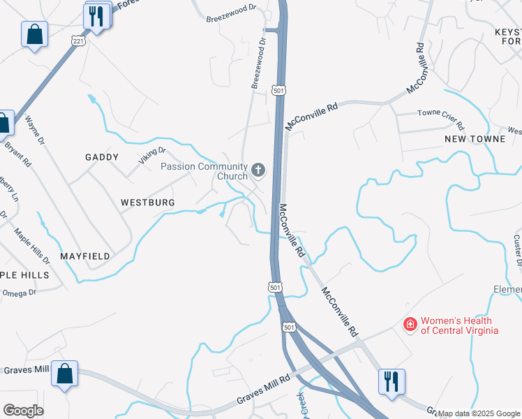 map of restaurants, bars, coffee shops, grocery stores, and more near 104 Stonemill Drive in Lynchburg