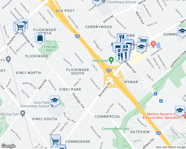 map of restaurants, bars, coffee shops, grocery stores, and more near in San Jose