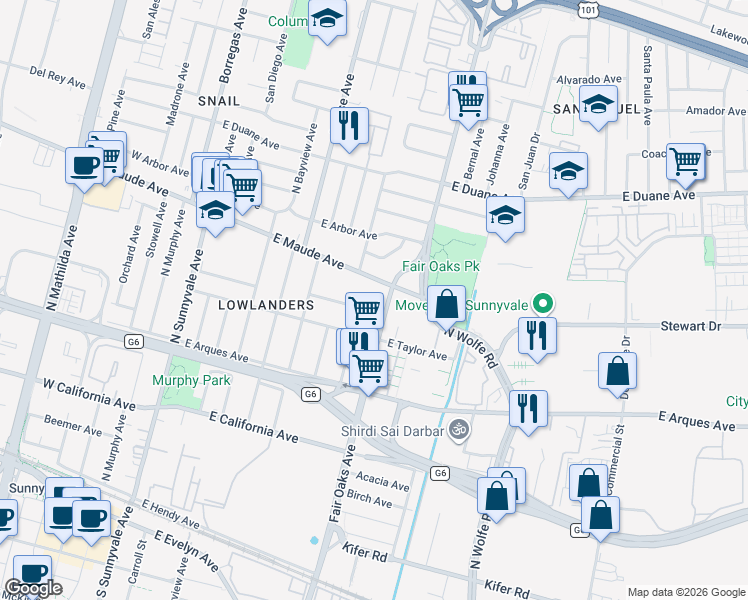 map of restaurants, bars, coffee shops, grocery stores, and more near 584 Compton Terrace in Sunnyvale