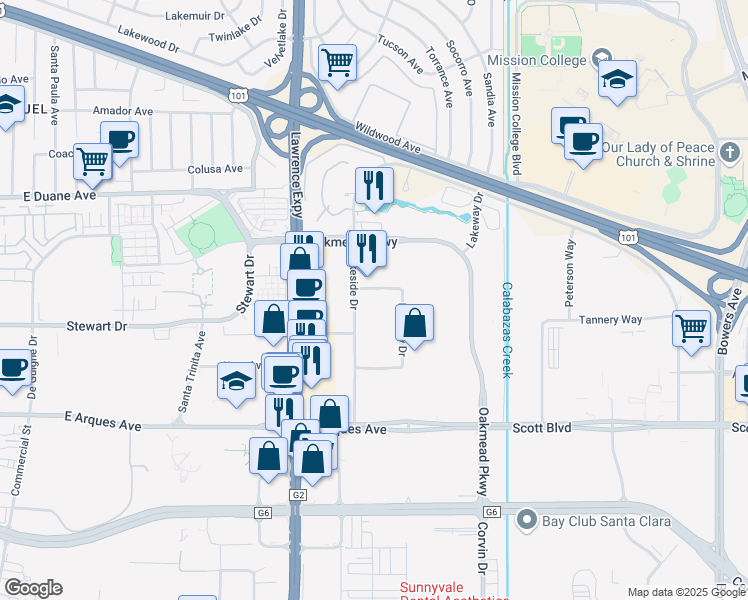 map of restaurants, bars, coffee shops, grocery stores, and more near 401-599 Mercury Dr in Sunnyvale