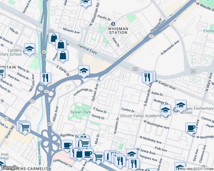 map of restaurants, bars, coffee shops, grocery stores, and more near 325 Sylvan Avenue in Mountain View