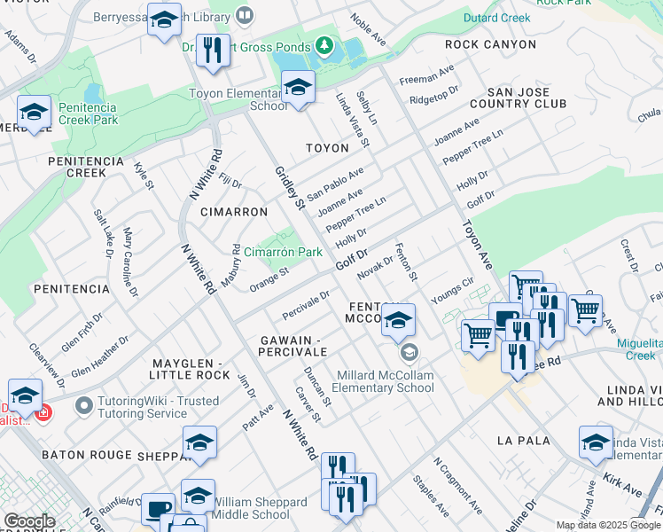 map of restaurants, bars, coffee shops, grocery stores, and more near 3296 Golf Drive in San Jose