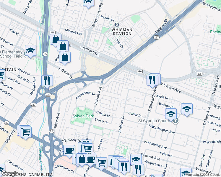 map of restaurants, bars, coffee shops, grocery stores, and more near 325 Sylvan Avenue in Mountain View