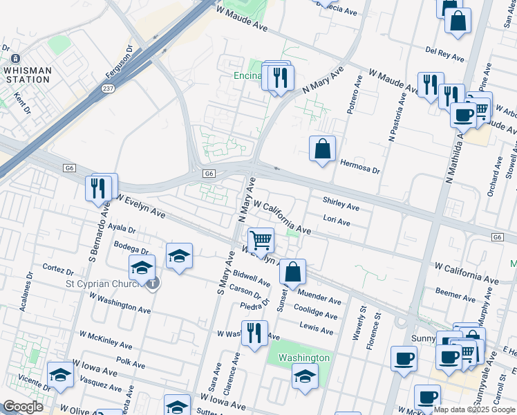 map of restaurants, bars, coffee shops, grocery stores, and more near 999 Belmont Terrace in Sunnyvale