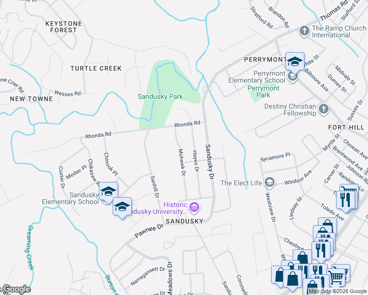 map of restaurants, bars, coffee shops, grocery stores, and more near 724 Mohawk Drive in Lynchburg
