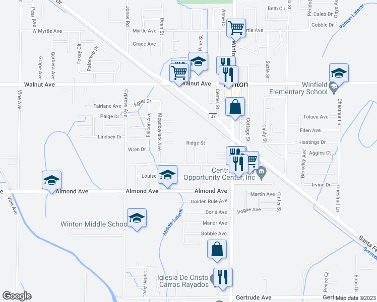map of restaurants, bars, coffee shops, grocery stores, and more near 6688 Cali Avenue in Winton