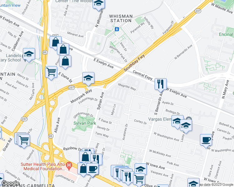 map of restaurants, bars, coffee shops, grocery stores, and more near Serena Drive in Mountain View