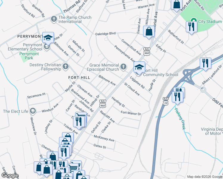 map of restaurants, bars, coffee shops, grocery stores, and more near 4373 Fort Avenue in Lynchburg