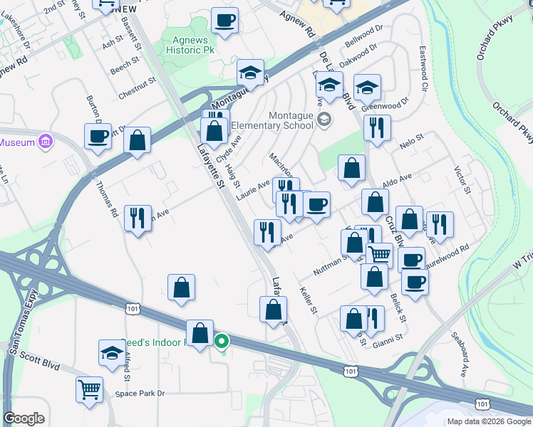 map of restaurants, bars, coffee shops, grocery stores, and more near 910 Keith Lane in Santa Clara