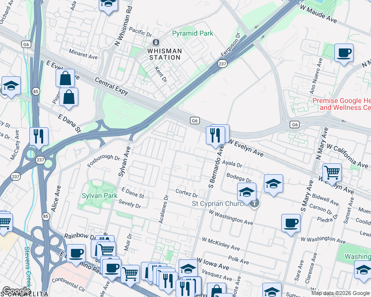 map of restaurants, bars, coffee shops, grocery stores, and more near 1257 Ayala Drive in Sunnyvale