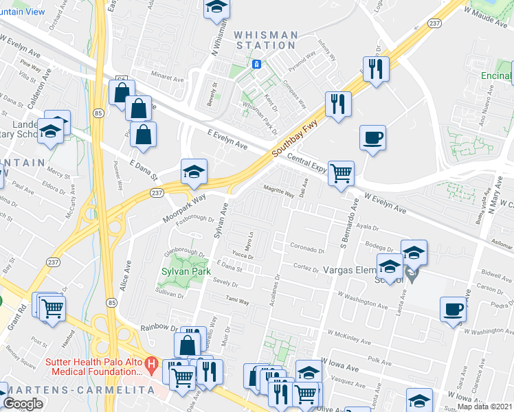 map of restaurants, bars, coffee shops, grocery stores, and more near 325 Sylvan Avenue in Mountain View