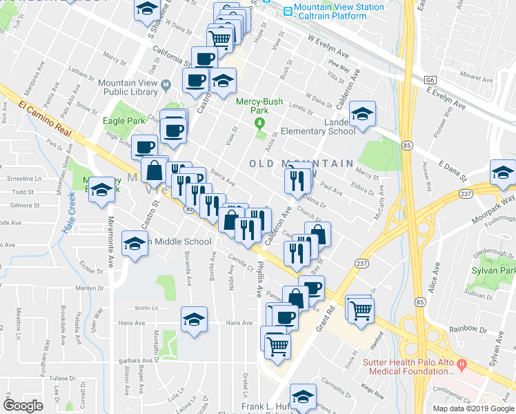 map of restaurants, bars, coffee shops, grocery stores, and more near 675A Ehrhorn Avenue in Mountain View