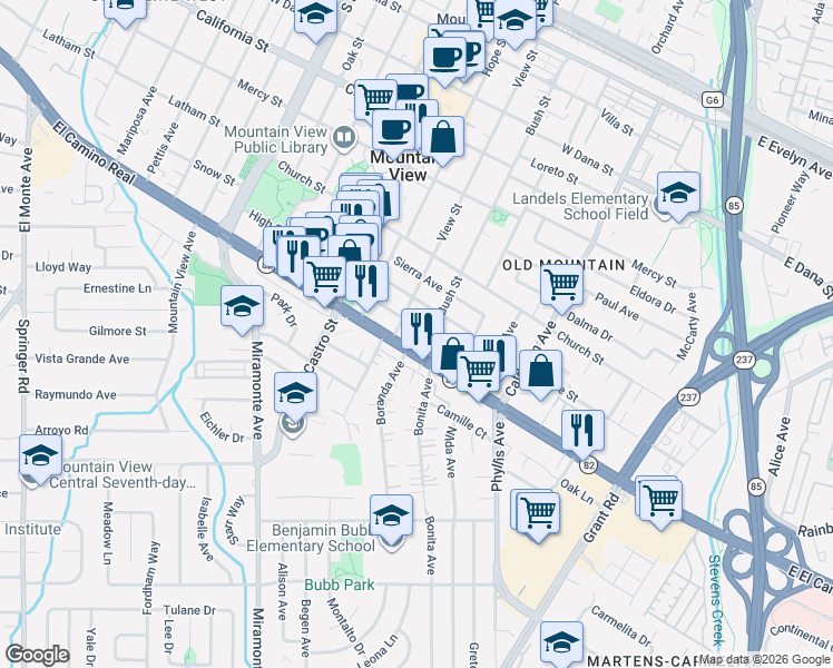 map of restaurants, bars, coffee shops, grocery stores, and more near in Mountain View