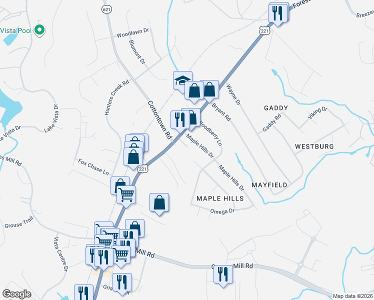 map of restaurants, bars, coffee shops, grocery stores, and more near 108 Majestic Road in Lynchburg