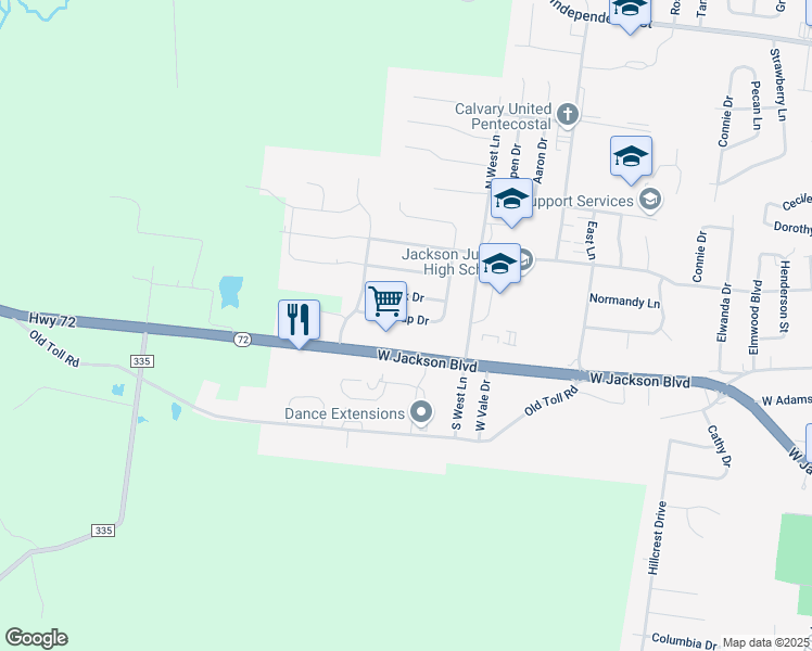 map of restaurants, bars, coffee shops, grocery stores, and more near 2008 Missouri 72 in Jackson