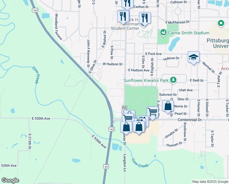 map of restaurants, bars, coffee shops, grocery stores, and more near 101-119 West Mead Street in Pittsburg