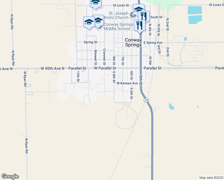 map of restaurants, bars, coffee shops, grocery stores, and more near 412 South 8th Street in Conway Springs