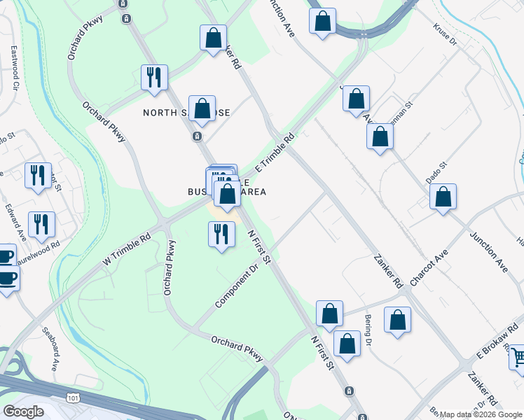 map of restaurants, bars, coffee shops, grocery stores, and more near 2560 North 1st Street in San Jose
