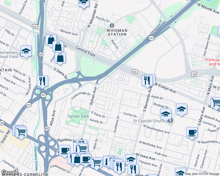 map of restaurants, bars, coffee shops, grocery stores, and more near 325 Sylvan Avenue in Mountain View