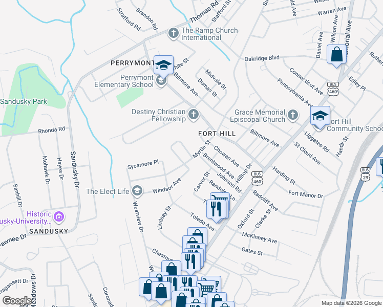 map of restaurants, bars, coffee shops, grocery stores, and more near 4704 Myrtle Street in Lynchburg