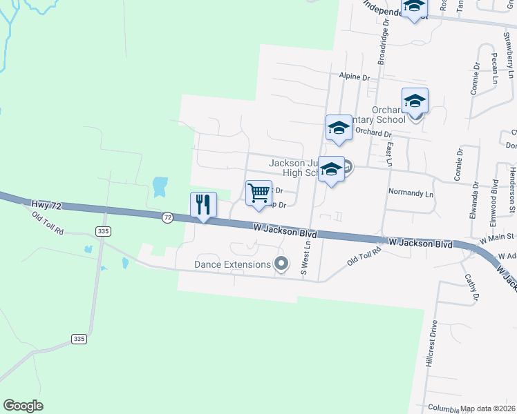 map of restaurants, bars, coffee shops, grocery stores, and more near 2401 Winesap Drive in Jackson