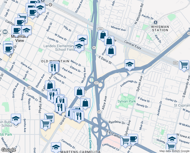 map of restaurants, bars, coffee shops, grocery stores, and more near Norman Y. Mineta Highway in Mountain View