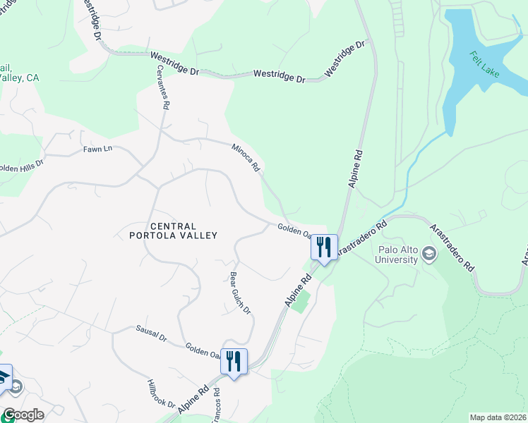 map of restaurants, bars, coffee shops, grocery stores, and more near 415 Golden Oak Drive in Portola Valley