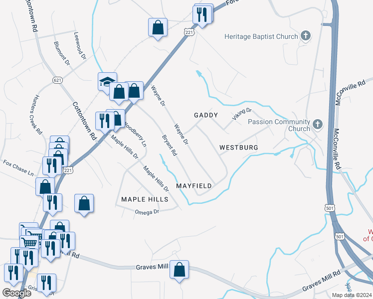 map of restaurants, bars, coffee shops, grocery stores, and more near 206 Wayne Drive in Lynchburg