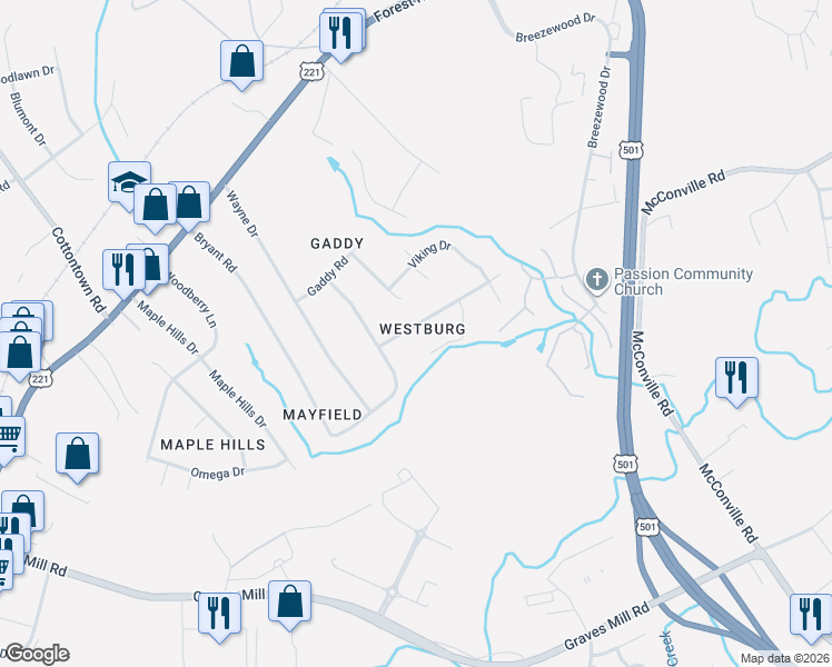 map of restaurants, bars, coffee shops, grocery stores, and more near 100 Westburg Drive in Lynchburg
