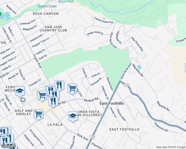 map of restaurants, bars, coffee shops, grocery stores, and more near 5418 Club Drive in San Jose