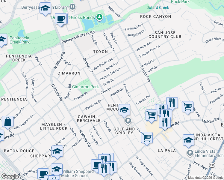 map of restaurants, bars, coffee shops, grocery stores, and more near 667 Genine Drive in San Jose
