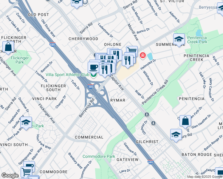map of restaurants, bars, coffee shops, grocery stores, and more near 2586 Rymar Drive in San Jose
