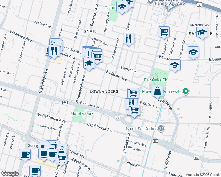 map of restaurants, bars, coffee shops, grocery stores, and more near 401 East Taylor Avenue in Sunnyvale