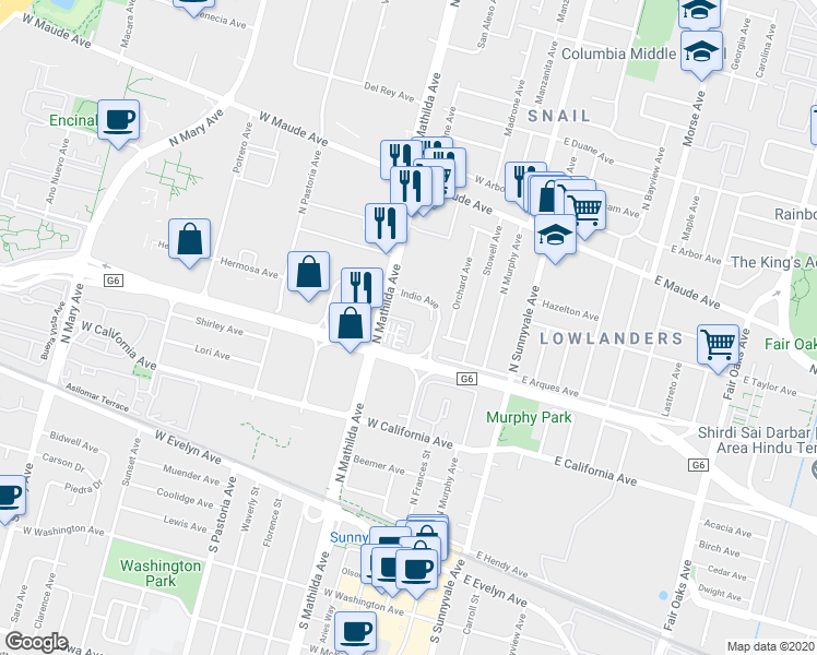 map of restaurants, bars, coffee shops, grocery stores, and more near 346 Dunsmuir Terrace in Sunnyvale