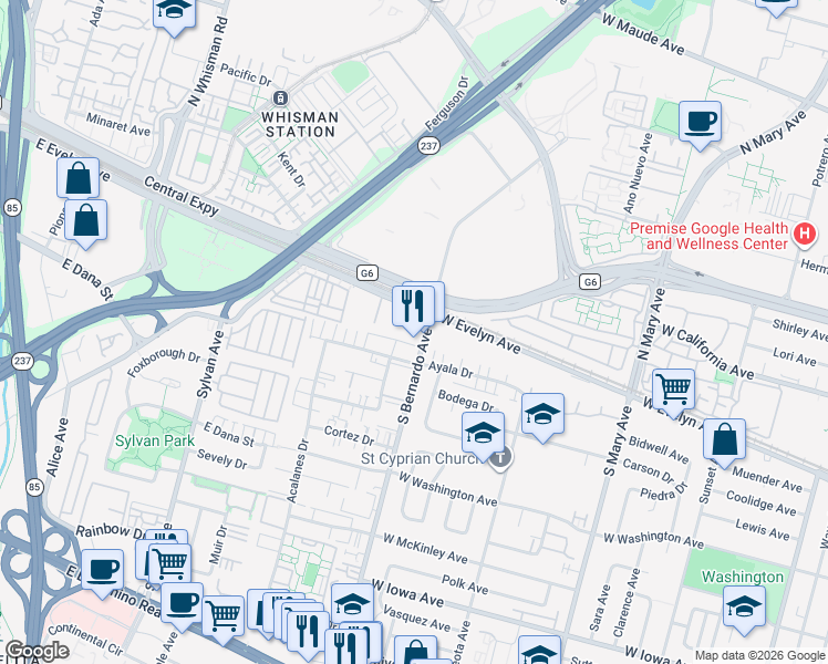 map of restaurants, bars, coffee shops, grocery stores, and more near 779 East Evelyn Avenue in Mountain View
