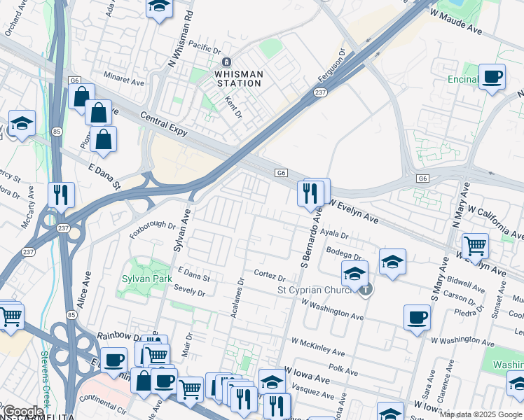 map of restaurants, bars, coffee shops, grocery stores, and more near 140 Acalanes Drive in Sunnyvale