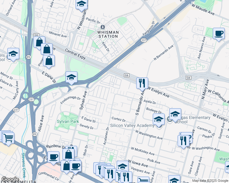 map of restaurants, bars, coffee shops, grocery stores, and more near 140 Acalanes Drive in Sunnyvale
