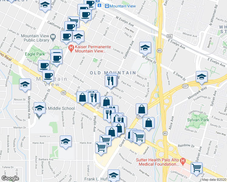 map of restaurants, bars, coffee shops, grocery stores, and more near 88 Church Street in Mountain View