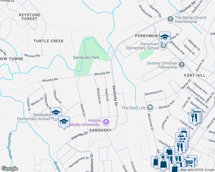 map of restaurants, bars, coffee shops, grocery stores, and more near 629 Sandusky Drive in Lynchburg