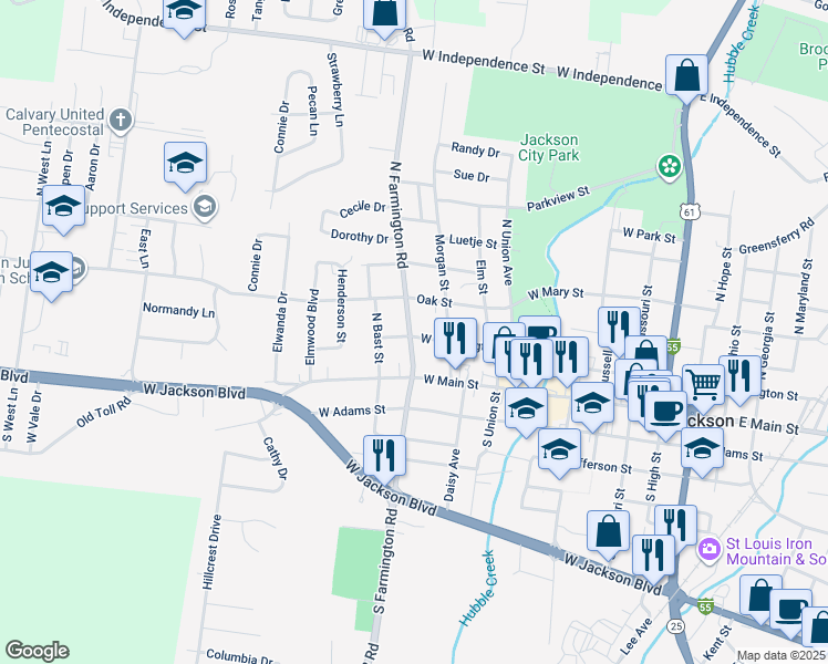 map of restaurants, bars, coffee shops, grocery stores, and more near 109/119 North Farmington Road in Jackson