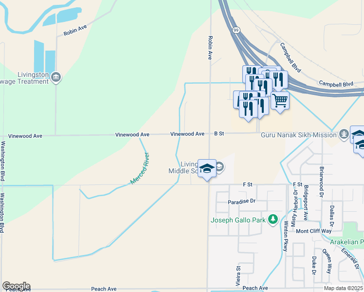 map of restaurants, bars, coffee shops, grocery stores, and more near 14127 Vinewood Avenue in Livingston