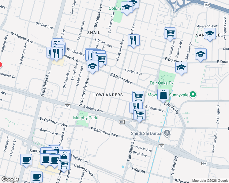 map of restaurants, bars, coffee shops, grocery stores, and more near 401 East Taylor Avenue in Sunnyvale